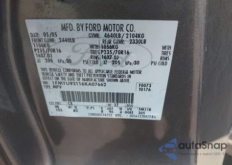 2006 Ford Escape Xlt/Xlt Sport z USA, uszkodzony, nr VIN 1FMYU93116KA07662